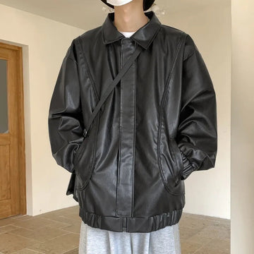 AIDASE  -  Spring Autumn Men's Motorcycles Leather Jacket Turn Down Collar Cargo PU Outwear Coat Male Solid Loose Fashion Moto Biker Jacket aidase-shop